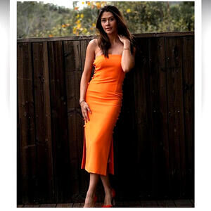 Gianni Bini Orange Side Button Cut Out Midi Dress Size 8 Strapless Bodycon